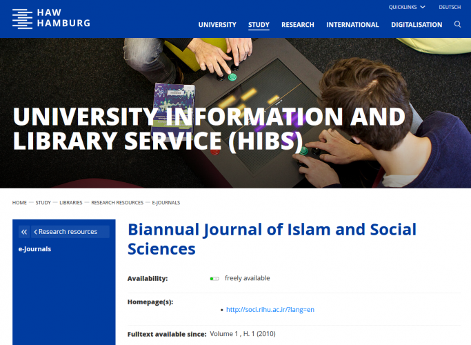 نمایه سازی دوفصلنامه «اسلام و علوم اجتماعی» در پایگاه تخصصی دانشگاه علوم کاربردی هامبورگ آلمان